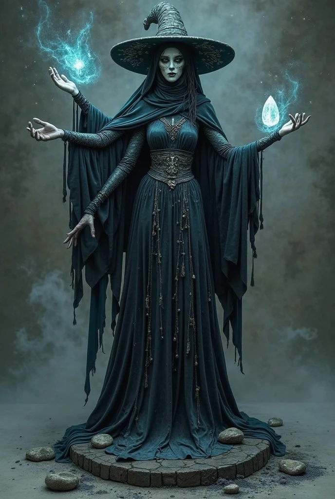 a dark runic female zombie lich, black gold female zombie, magical void energy, glowing eyes, death lightning, death energy ball floating on it's hand, casting a spell, energy cracking, bone hand, dressed in a luxury cloak, astral skulls floating around, earth and rock floating with energy as the lich hold, Detailed glowing runic line floating around, bones and skulls lays on the ground, dark purple energy, floating in the air, energy chain, magic circle on the ground,,Detailed,Realistic,4k highly detailed digital art,octane render, bioluminescent, 8K resolution concept art, realism,by Mappa studios,masterpiece,best quality,official art,illustration,ligne claire,(cool_color),perfect composition,absurdres, fantasy,focused,rule of third. ((( big hips, breast)))