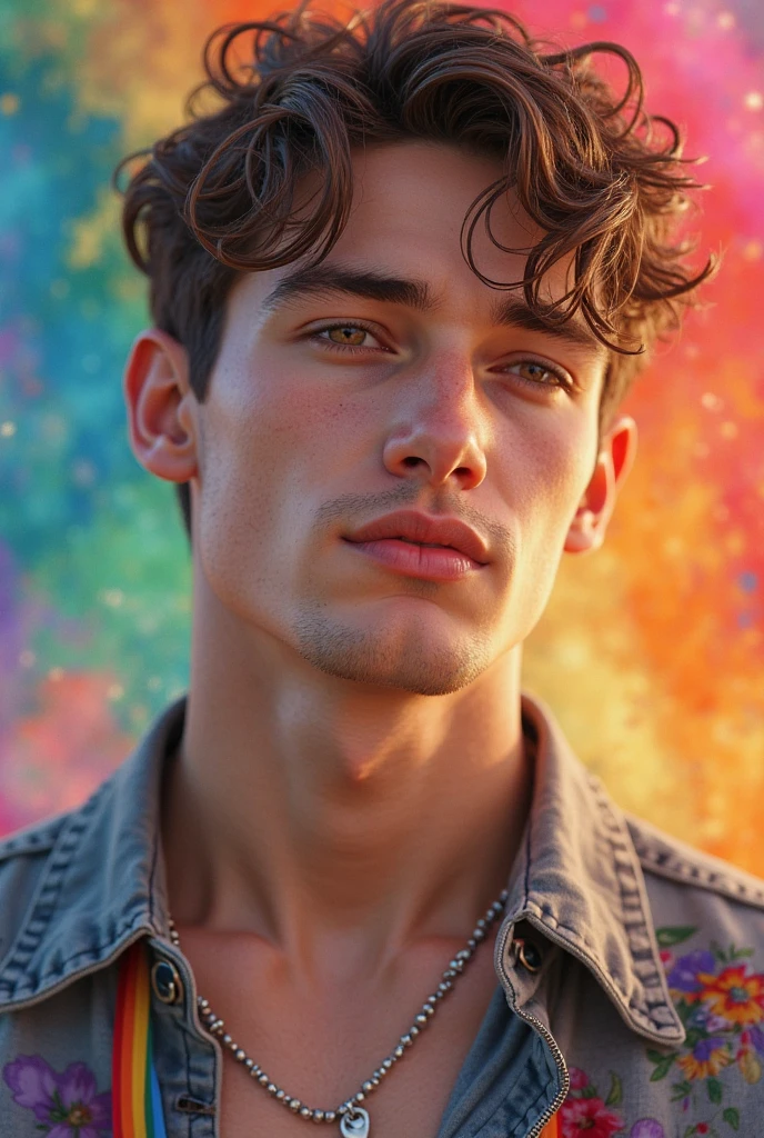 (masterpiece), (best quality), (ultra detailed),(disheveled hair),(illustration), (1man), standing, Fashion model, looking at viewer, (interview), (detailed background),beautiful detailed eyes, delicate beautiful face, Floating,(high saturation),(colorful splashes),colorful bubble,(shining), focus on face, floating flowers, floating hairs, (shining), best lighting, best shadow, 