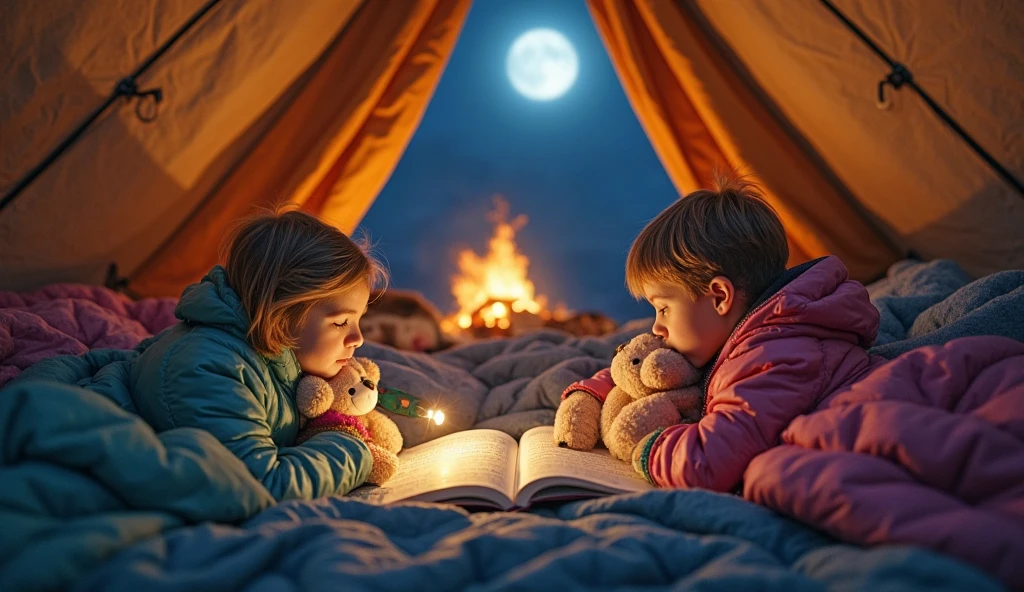 In the night, a small tent, two children reading a book. An incredible view of the starry sky. In this scenery, every book tastes exceptionally delightful,hyper realistic, ultra detailed --auto
