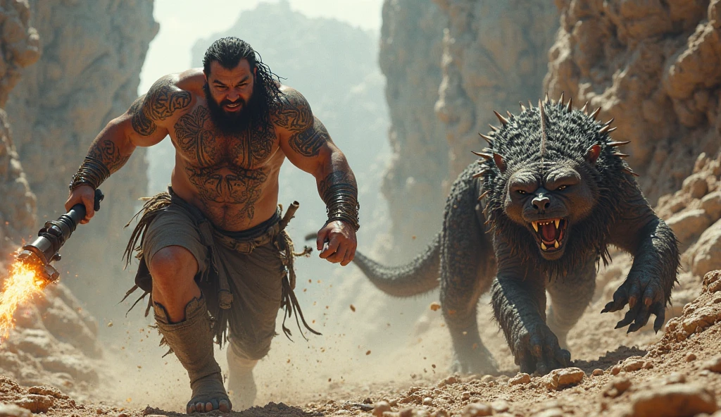 1 big burly man sitting on the back of a lion, a man with a bloody face, tattoo, a lion with one horn, a lion with bat wings, desert, sand, dry skeleton, salary, bleak, fantasy,, (Detailed face features:1.3), (RAW photo, 16k, masterpiece, best quality: 1.2), (ultra realism, hyper detailed and intricate realism: 1.3), (wide depth of field, radiant mapping, ray tracing, god rays: 1.2)