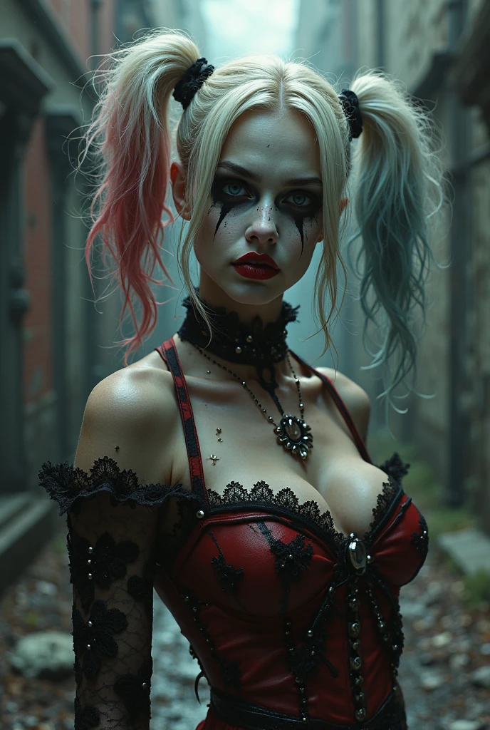 (((Arlequina))),cabelo com mechas rosa e azul ao estilo harley Quinn, (cabelo mecha cor rosa a esquerda e mecha cor azul a direita ao estilo harley Quinn), maquiagem de sombra no olho ao estiloharleyQuinn, sombra vermelha no olho esquerdo, maquiagem de sombra azul no olho direito, Arte Oficial, Unity 8k papel de parede, ultra-detalhado, Beautiful, Beautiful, ((New Gothic Gal:1.4)), master part, best quality, Escuro, Atmospheric, mistic, Romantic, assustador, Literatura, arte, moda, victory, decoration, intrincado, renda, contemplation, profundidade emocional, sobrenatural, 1 girl, sozinho, quadril