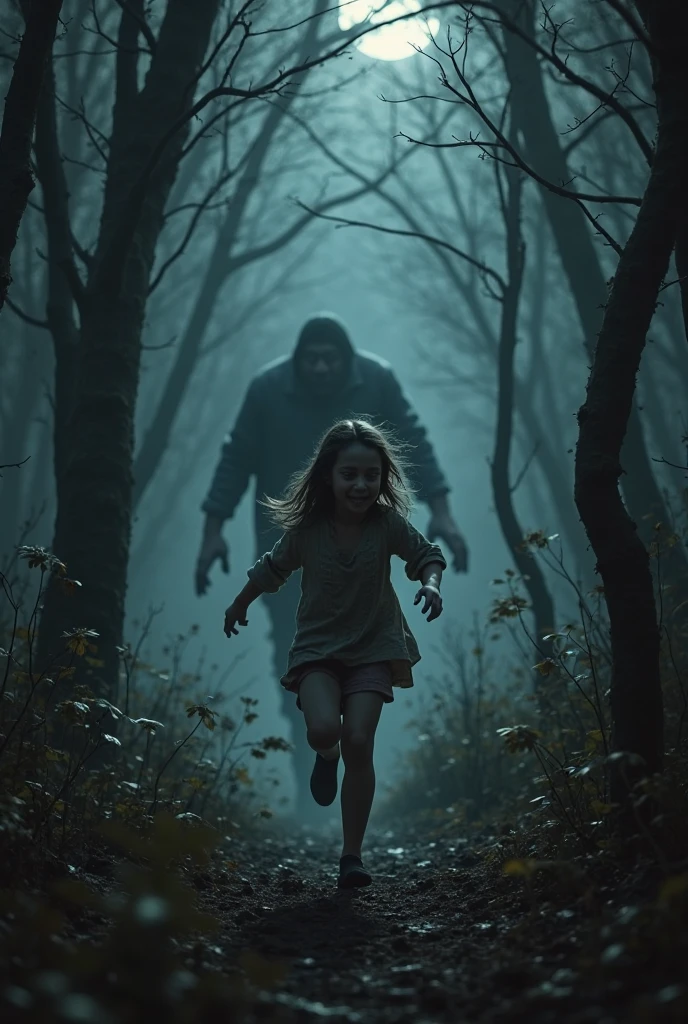 1 girl and 1 zombie (small fragile white girl) (Hot 18 year old girl) (Girl running away) the girl is scared and crawling (zombie standing with muscular body, angry) ((full body)) (Male zombie and white girl) (Detailed face) (Detailed face of the girl on her knees) (scared white girl) (wide angle) (human hot girl chased by zombie)