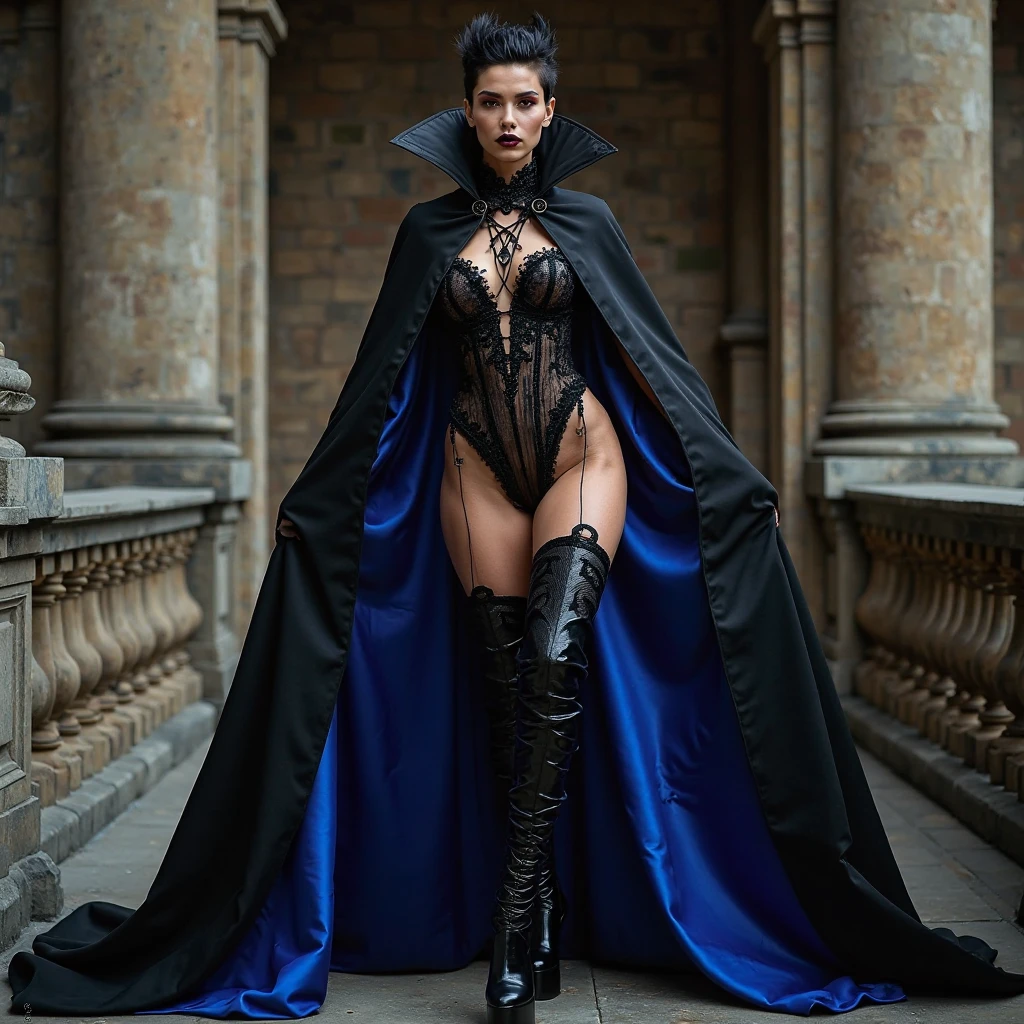 Beautiful 20 year old woman, large tits, with short messy wavy pink hair, wearing a red corset with black accents and black cloak, standing in a foggy cemetery at night, (red lipstick:1.5), realistic skin texture, (cross necklace:1.2), (looking at camera:1.3), (Blueprint and Gothic Art:1.4), photo realistic, 8k