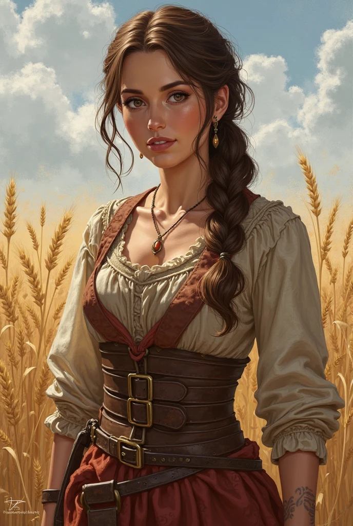 真实感, dark fantasy style, John Tolkien style, Small painting by Jean-Baptiste Monge, Soft facial features,Rocker girl hugs horse&#39;s neck, Human Hand, Very clear, Without flaws, five fingers, with bright makeup, Modern style, a little full, fat, slight excess weight, Average height, dark pink lips,  lip shape"bow" ,"Cool eyebrows in the shape of Angryburts, light gray eyes, large almond-shaped eyes, looking at away, black long wavy hair,  hair blowing in wind ,In a short pink skirt, in a leather jacket, wearing boots..., Standing next to a horse, early morning, Wheat field, Jean-Baptiste Monge, anthropomorphic --ar 2:3 --testp -optimistic;