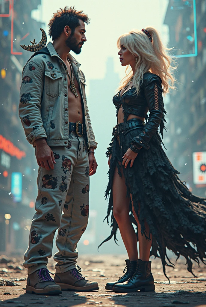 couple, 1man, 1girl, she blonde, blue eyes, long hair, wearing micro denim shorts and white BREAK bustier couple, 1man, 1girl, him hugging around the waist, tall and strong, (short white hair, muscular, beard, Streetwear, cargo pants, necklace)