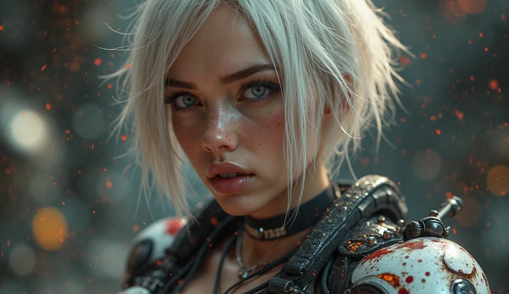 masterpiece, best quality, 1girl, solo, crop top, denim shorts, choker, (graffiti:1.5), paint splatter, arms behind back, against wall, looking at viewer, armband, thigh strap, paint on body, head tilt, bored, multicolored hair, aqua eyes, headset,
