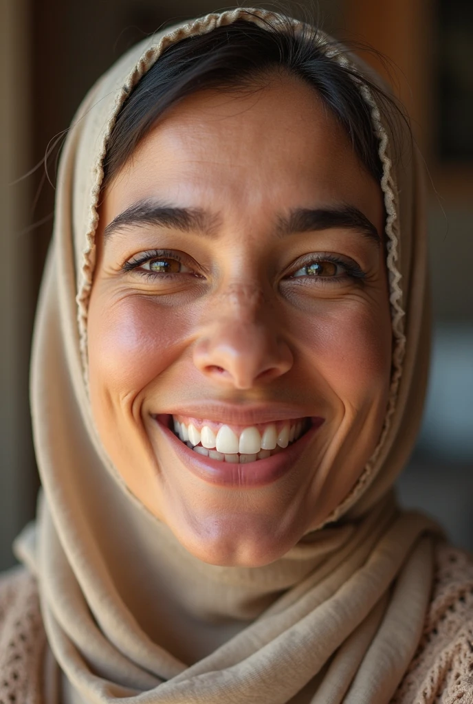 (photorealism:1.2), One person,Women, Muslim,face up, laughing out loud, at the right end of the frame, 

