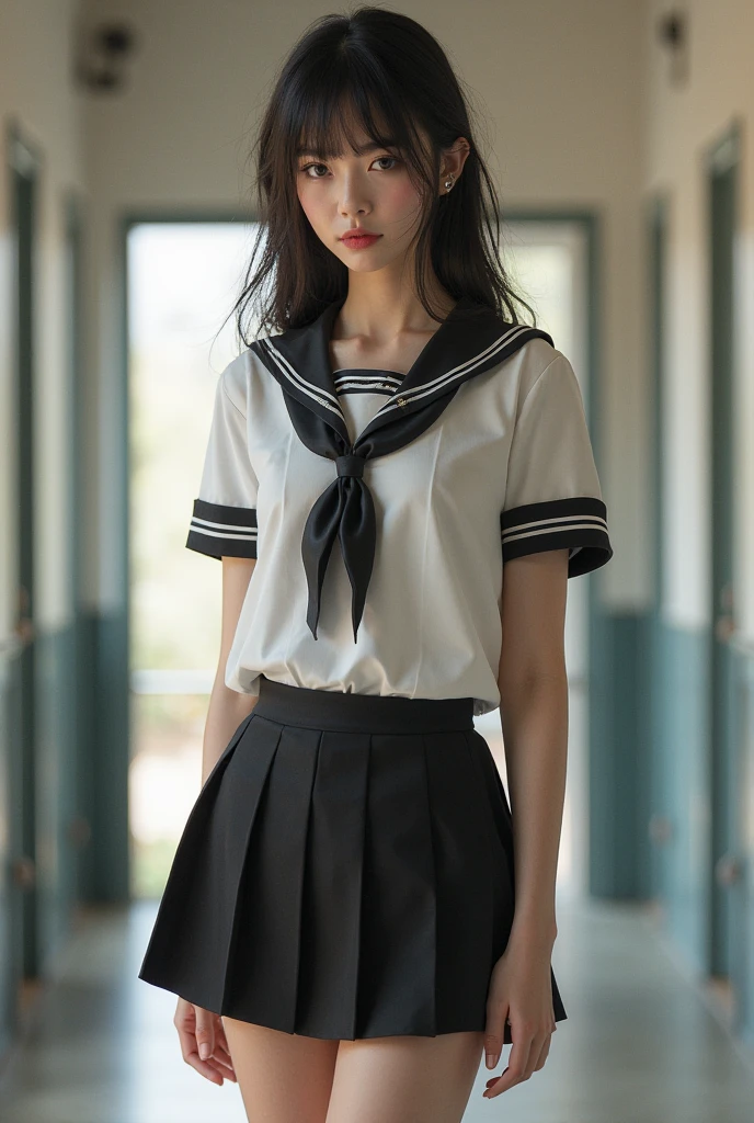 Raw photo, frank, textured skin, 1 girl,full body, (medium hair:1.2), pale skin, Japan person, glasses, small, young, tall, dark expression, bright black eyes, anger, sailor suit, school uniform, slender body, medium build, small waist, wide thighs, photorealistic, best quality, 8k, masterpiece