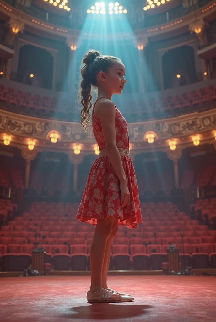 In the courtyard of a Spanish-inspired villa in the 2010s, a thirteen-year-old white girl, with braided hair and a flamenco-inspired dress, practices a lively dance routine with castanets, surrounded by tiled archways and vibrant bougainvillea.