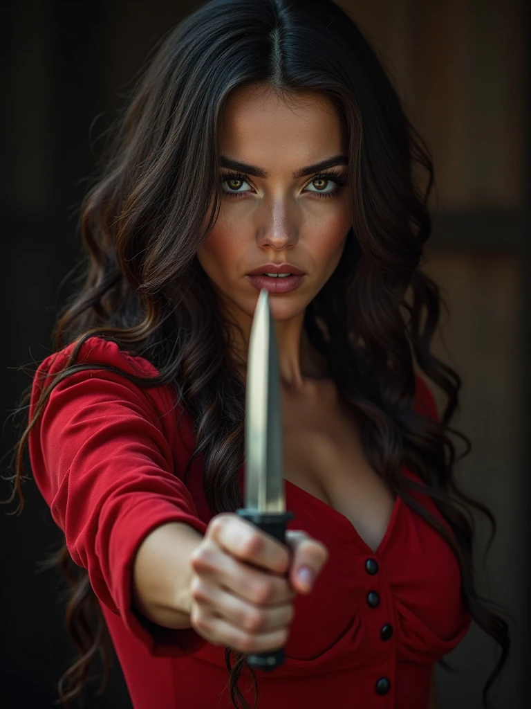 (Masterpiece. UHD. Photorealistic) In a dimly lit room. Blurry background. An ultra hot gorgeous woman. Age 23. Voluptuous hourglass body. Gorgeous face. Epic cleavage. (100 DD size).face staring blankly、A surly smile and full red lips. holding a knife tightly. Blade downwards. Covered by blood.