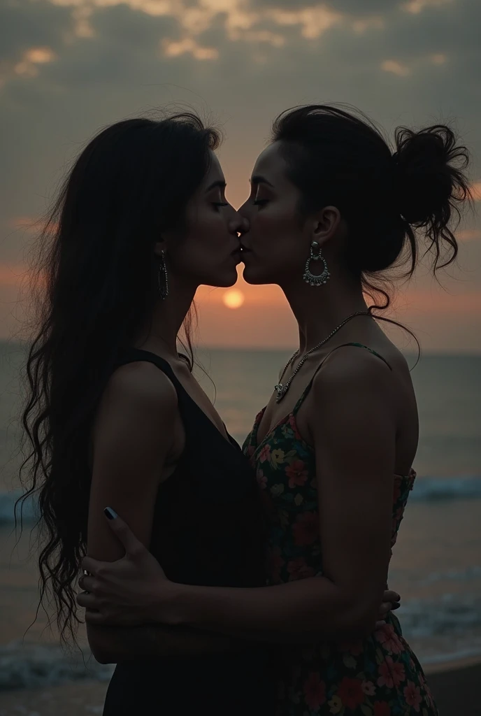 Two beautiful women kissing at sunset.