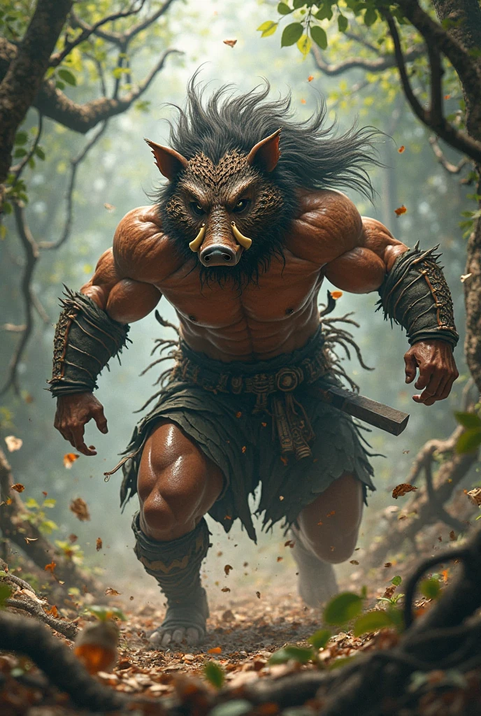 A man with the head of a boar, holding a sword in each hand, his skin is beige, he is wearing black pants and straw around his waist, and the background is a forest. The boar&#39;s hair is gray.