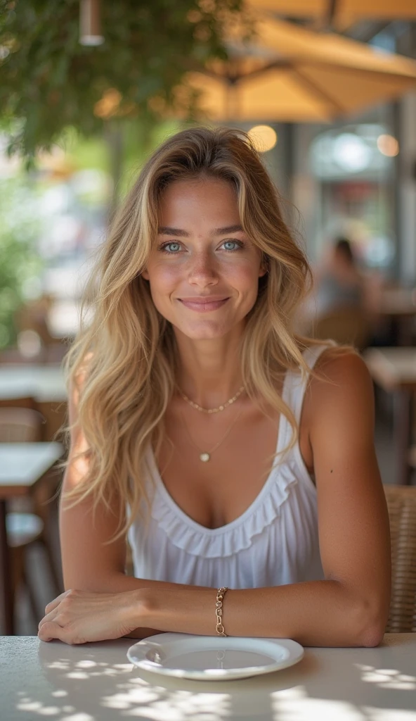 a blonde woman with long hair leans on a chair, in the style of social media portraiture, earthcore, coastal scenes, smilecore, fujifilm eterna 500t, lively tavern scenes, rusticcore --ar 63:64 --stylize 750
