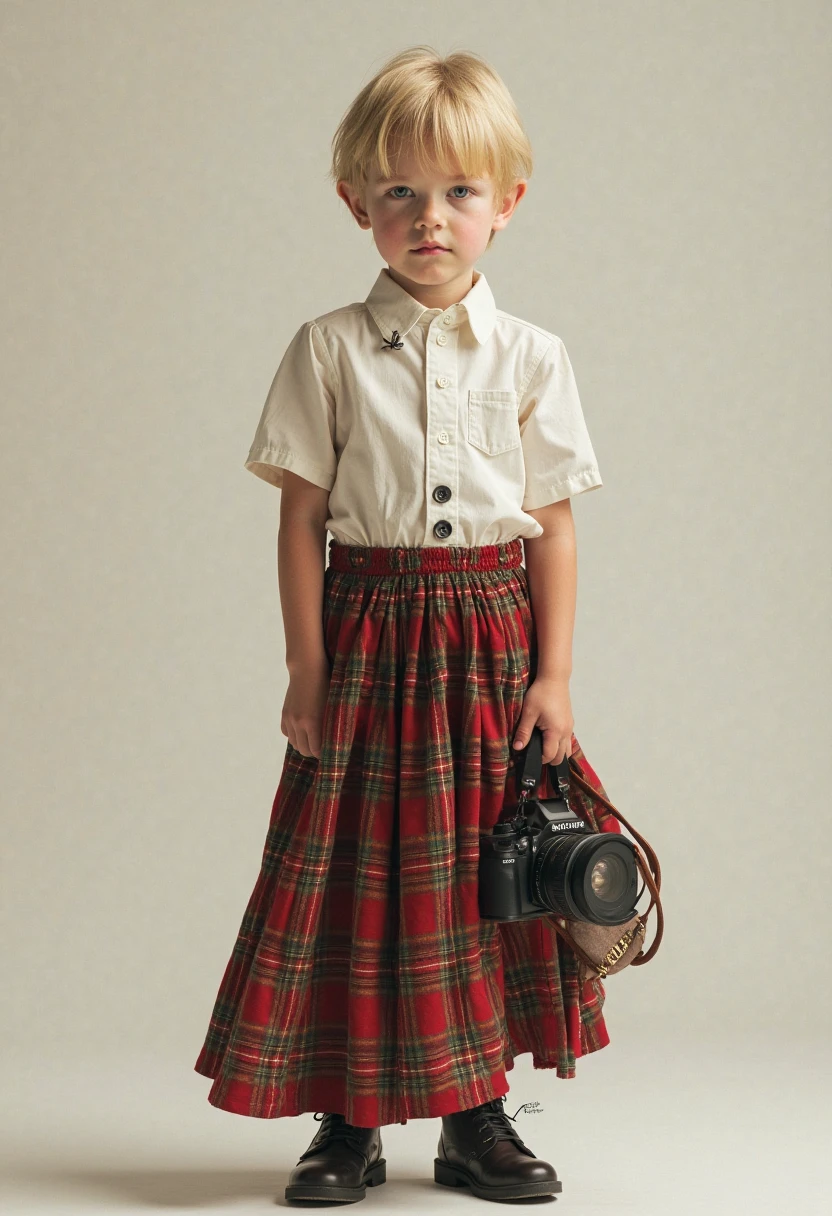 work of art, high qualiy, young boy, holding long plaid skirt, digital camera, white jacket, blond, virado para a frente, looking at the camera, whole body, center of screen