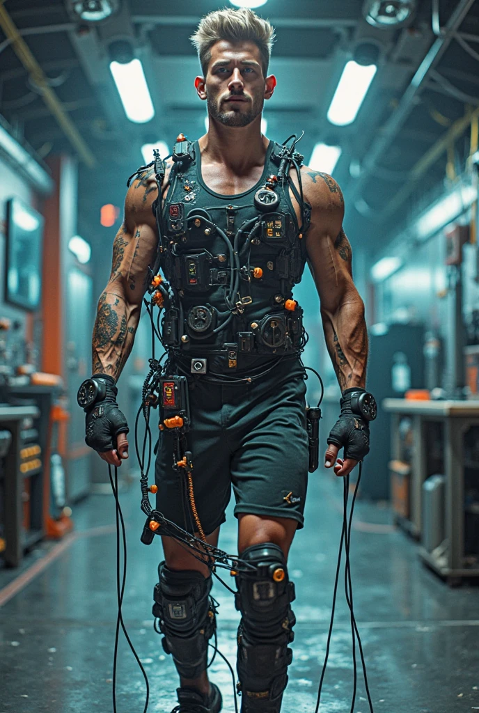 Detailed photo focusing on sensual gay male beauty, very cute very skinny gay horny 18yo military twinks showing off military (cyberpunk cybernetic prosthetics forearms), ((cute military boys shirtless)), wearing an army thong with short trimmed pubic hair visible, caring in a military war camp, hyperealistic, 4k, weak, (not muscular), (perfect rendered cute boyish faces) (no blemishes on his face) (gay foot fetish),