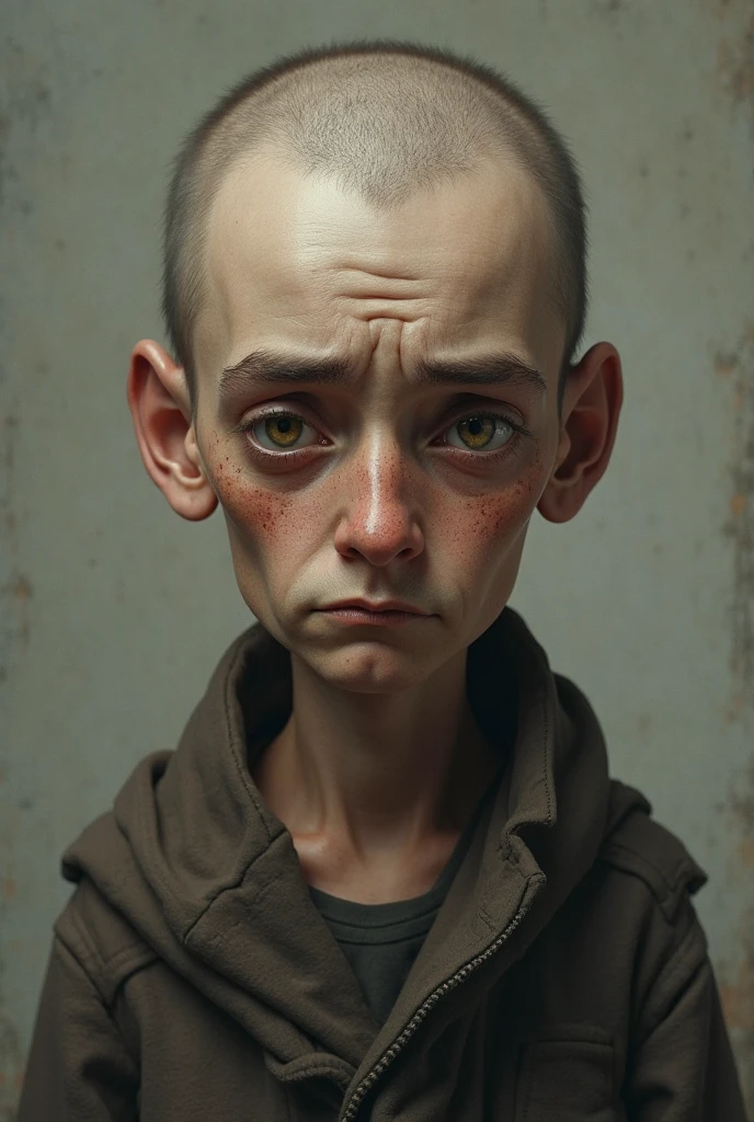 (photorealism:1.2), old teenager, white short hair, black small eyes, dark bags under the eyes, key on a string around his neck