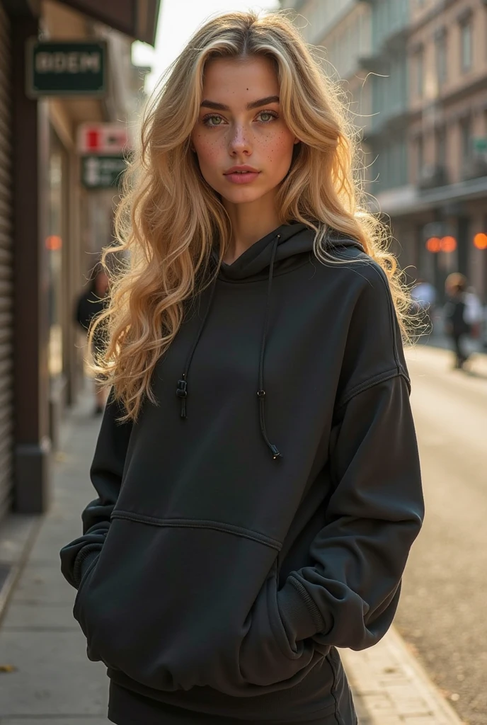 A 2 Argentinian woman with shoulder-length blonde hair, standing 1.65 meters tall. She has striking blue eyes, lightly tanned skin, and an hourglass figure with measurements of 90/60/95, featuring a slim waist and slightly more pronounced hips. Her medium-sized bust. Her smile combines sweetness and sensuality, enhancing her youthful and attractive appearance. She is walking down a street in Buenos Aires, wearing an oversized hoodie and black skinny jeans, blending style with a casual, urban vibe.