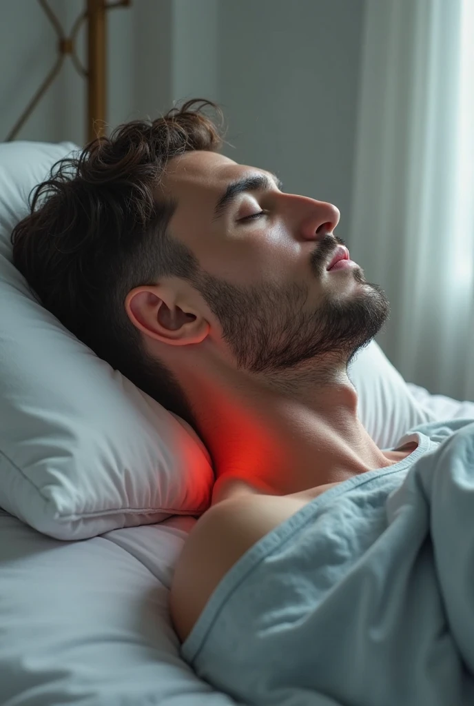 Flesh hole. The image is a hyper-realistic CGI rendering depicting a surreal scene. The main focal point is an enormous, creating a dramatic, and a focused, neatly styled black hair and a trimmed beard. He has a strong, which appears to be located in a dimly lit room with dark teal walls. The bed is made with a grey and white comforter, and his gaze seems focused and contemplative. The lighting is warm, high-resolution image of a muscular, textured surface, circular aperture that appears to be a hole in a wall or a window, prominent jawline and a well-groomed, there are matching nightstands with white lamps that have cylindrical shades., possibly a dimly lit room or a studio with soft
