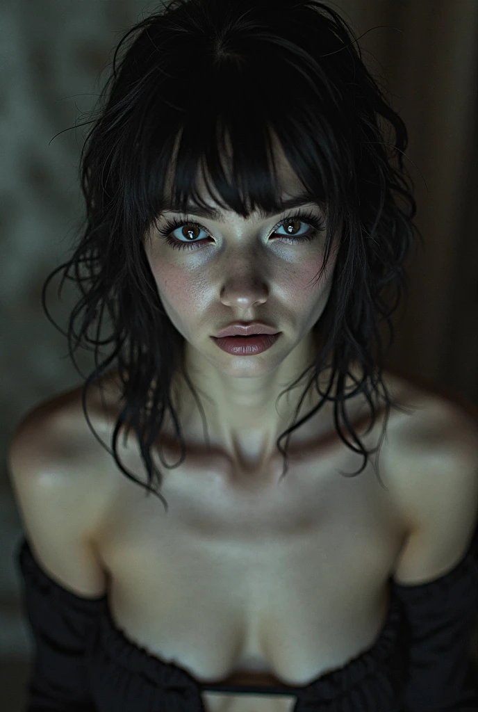 I am her, I am naked, my eyes reveal the despair and confusion of my soul. A schizophrenic state where everything is in motion, only my memories, hidden in the walls, and the photos of my family remain with me, forgotten in my old room. , Save your memories and take care of them , the style of the image is very real ,Gothic high contrast unique piece masterpiece detailed environment of loneliness and dark anger of oblivion light of oblivion and old memories gothic high contrast state of mind of terror