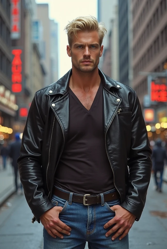 Realistic man with strong and ripped body with big muscles in fighting pose with leather jacket, outside a bar, while it's raining,