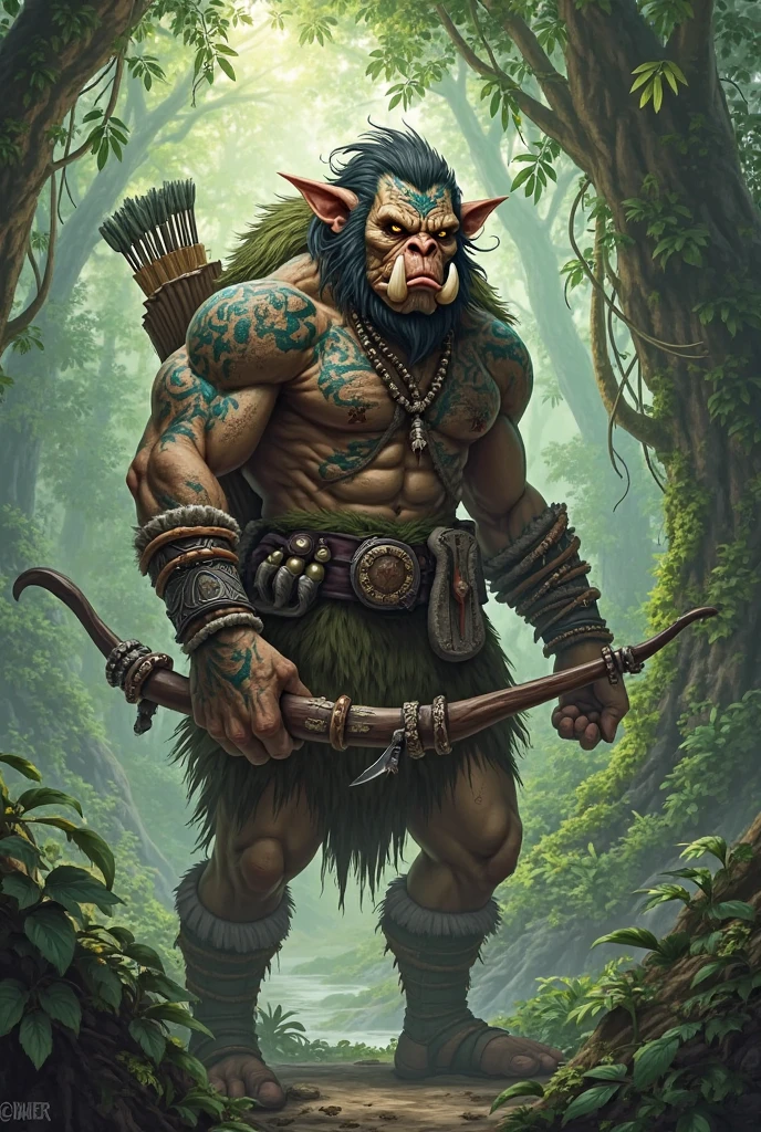 Half-troll barbarian, half-troll, barbarian, d&d 5th edition, light blue skin, blue white eyes, long nose, big tusks, long white dredlocks