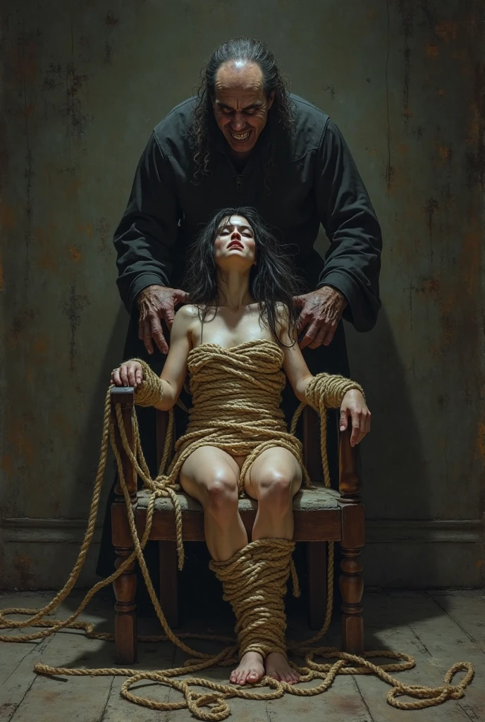 Land of Rakshasa、A torture chamber adorned with instruments of torture、Beautiful Japan、(A villain wearing a devil's mask attacks a woman)、(Tying up and humiliating his daughter)、(pajamas), scream、(Scared Girl)、hell、(Dim lighting)、A cruel world where people become less than human、bird&#39;S perspective、(Grab and strip naked)、Masterpiece Top quality、Baby Face、cute、R18、No makeup、Mr.々Hair style、Bloodstains on the wall、Realistic
