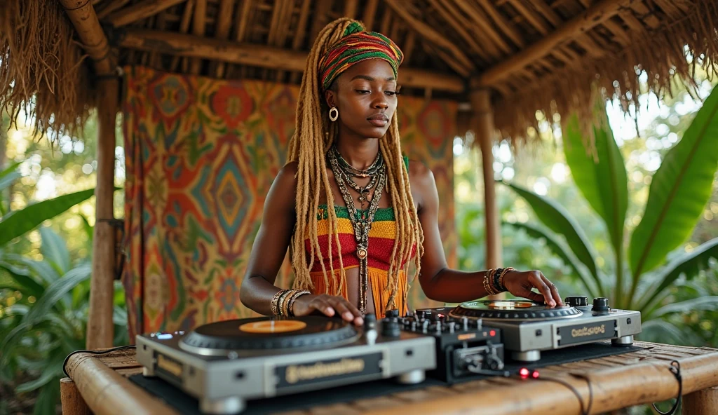 A magnificent illustration of a female Creopath woman of the Pharaoh DJ on an elevated stage, surrounded by a multitude of fellow beings. Her short, stylish outfits, combined with the DJ headphones and revealing cleavage, create an exciting electronic atmosphere as she plays tunes for her fellow species.