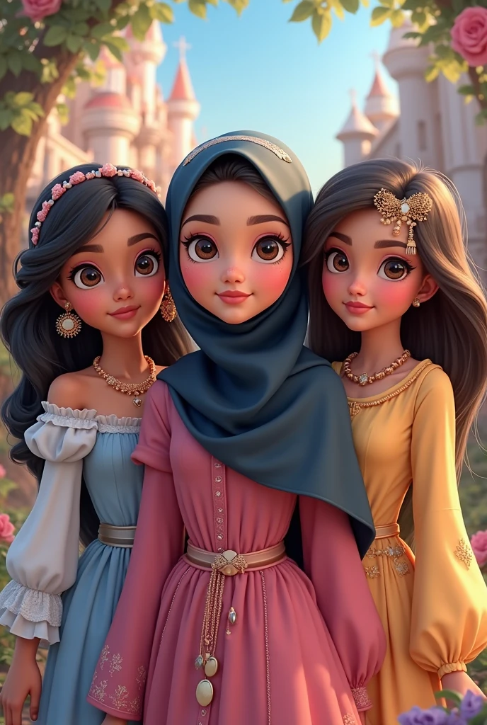 Animated image of an Indonesian girl wearing a pink Niqab and dress, and the other girl wearing pants and a blouse without a Niqab.