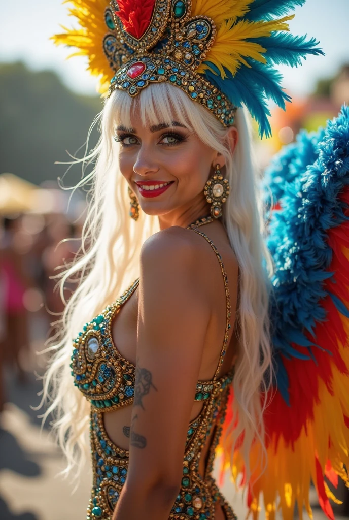 melhor qualidade, obra de arte, ultra high resolution, fotorrealista, 1 garota,corpo inteiro, perfect image of the drum queen of the Beija-Flor samba school in Nilópolis, jovem perfeita, corpo perfeito, cores azul e branco, imagem realista. Foto 24mm, alta qualidade, jovem destacada.