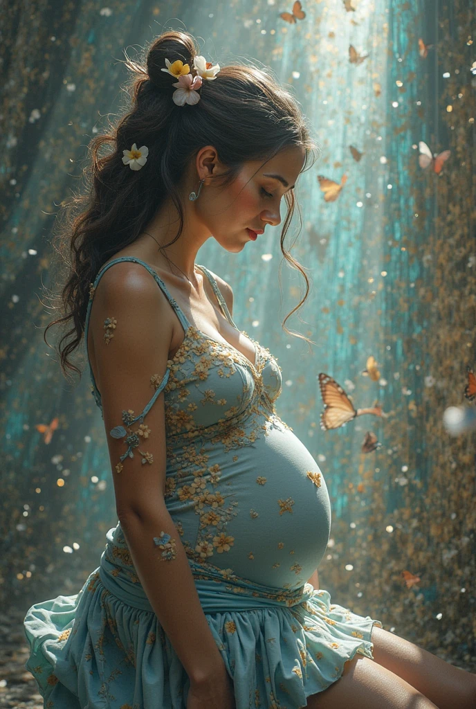 (work of art, Maximum quality, best qualityer, offcial art, beautiful and aesthetic:1.2), (1 girl:1.3), (Fractal Art:1.3), a woman pregnant, ASİAN, dark hair, eyes captivanting, full body.
