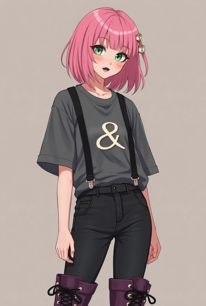cute girl much lighter skin that brown skin brown eyes pink hair short hair curly hair black skirt black t-shirt thin waist medium hips fishnet tights