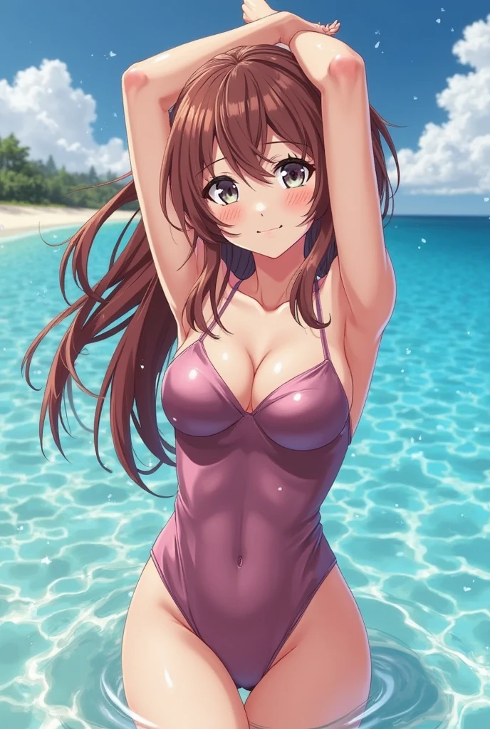 masterpiece, best quality, high quality, ultra detailed, 4k, saturated colors, raphtalia, raccoon girl, raccoon ears, pink eyes, long brown hair, bangs, blue bikini, medium breasts, on the beach, solo, smile, holding ice cream in one hand, looking at viewer, belt on hip, bracelet on hand, sea, sand