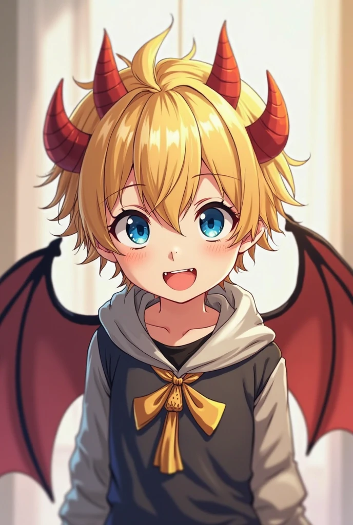2D anime character, beige hair, Eyes red, red little horn, black scarf with red tip, red shirt with heart details with wings, gray marks on the face, male character