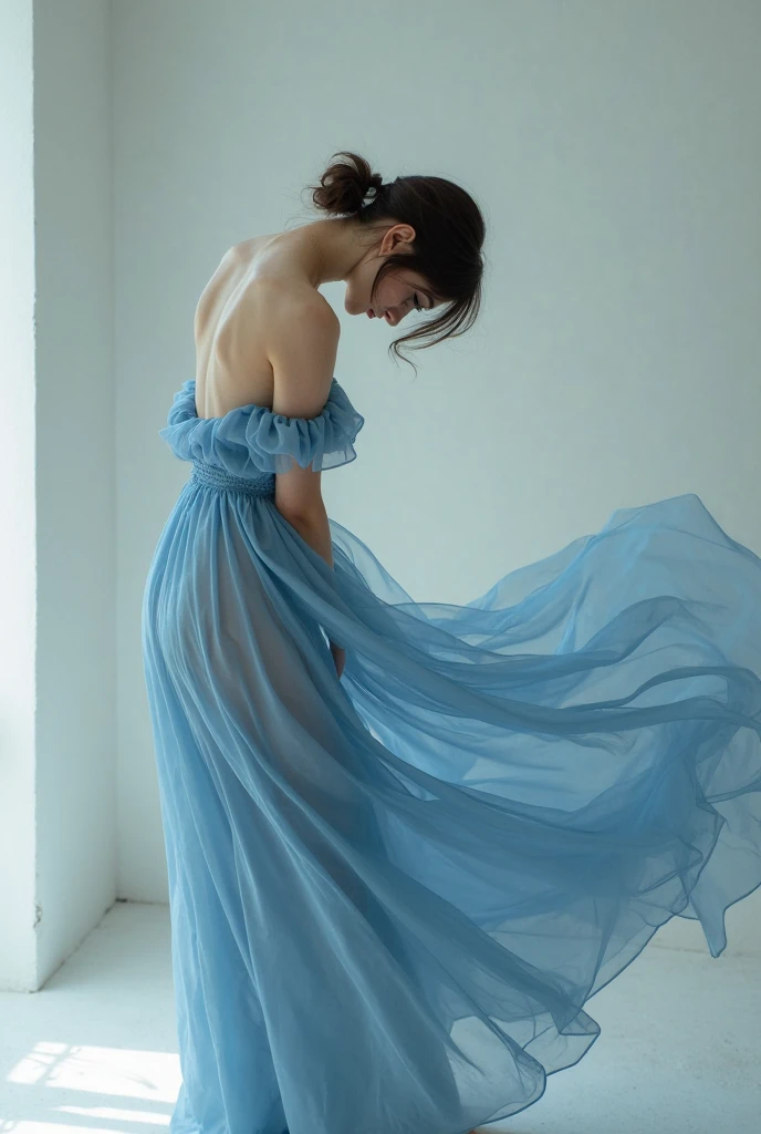 A woman standing in front of a large mirror looking at herself, thoughtfully, wearing a blue dress with long sleeves, covering her breasts, full body shot, realistic photography, photorealistic, HDR, sharp focus, professional, vivid colors, natural lighting