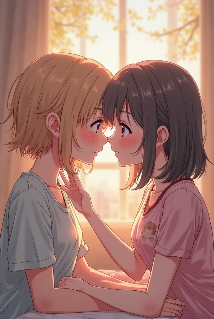 Two blonde Korean girls hugging each other