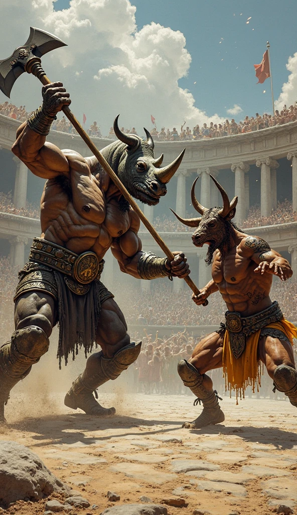 Muscular gladiators wore steel helmets in the shape of a fish's head and duels in the arena