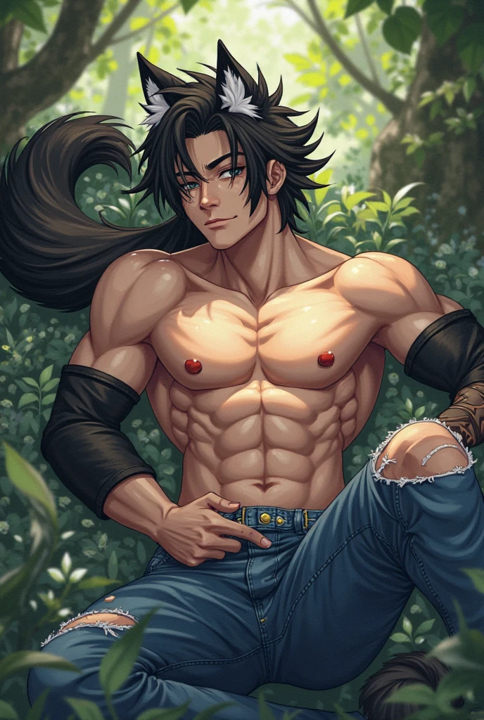 (canto da foto de baixo para cima) (imagem da mais alta qualidade) ,Photos taken from a lower perspective,Lion man ,real, jovem, , vestindo shorts, virilha saliente, imagem de anime, Leaning against a tree, pernas bem abertas, male face, bonito rosto jovem, cabelo subcortado, huge muscle muscles of the chest, large strong thigh muscles, Biceps Sinewy muscles, Corpo enorme, corpo tonificado devido ao treinamento intenso, Well-developed muscles, ABS transparente de 8 embalagens, 3 metros de altura, topless, , pele brilhante, rede de suor pingando, hands on thighs, bare feet, Sem barba,Thick Legs,