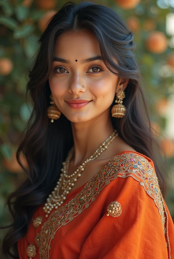 A beautiful girl wore a indian saree
dress having name on chest pooja