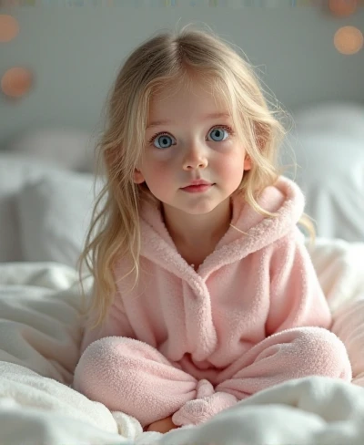 hermosa niña 👧🏼 de niña rubia de 10 años en pijama rosa: beautiful leaden eyes, (big tits), sexy, at school, short golden hair, disheveled hair, (ultra realistic fur), disheveled hair, very cute, (The most beautiful face in the world), sexy thighs, shy.