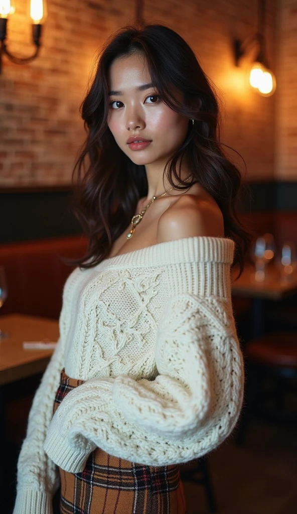 natashaLiuBor piercing eyes, looking straight, very happy,long hair, wearing an off-shoulder sweater, choker, closeup portrait, in a outdoor cafe in 2015, afternoon light