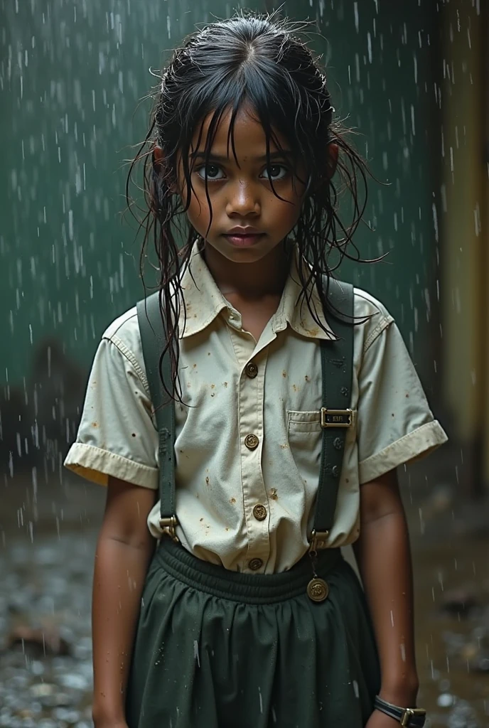 An Indian girl going to school in the rain