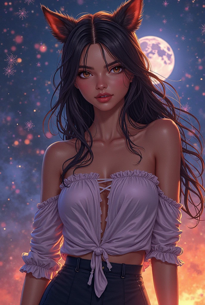 star \(sky\), starry sky, space, halftone background, halftone, polka dot, starry sky print, solo, shooting star, light particles, polka dot background, milky way, night sky, galaxy, dark skin, aurora, snowing, dark-skinned female, night, choker, black hair, constellation, navel piercing, navel, cleavage, polka dot dress, watermark, piercing, meme, starry background, polka dot shirt, sky, makeup, medium_breast, 1girl, seductive, delicate