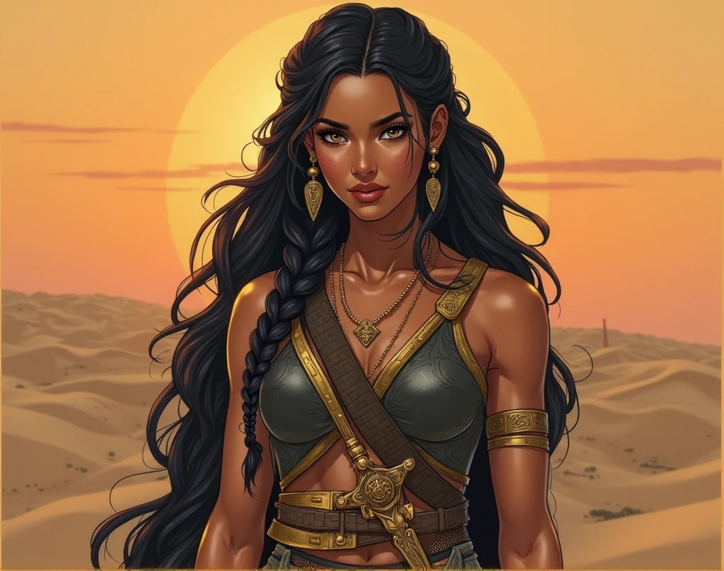 (melhor qualidade), anime style, mulher negra, ((pele muito nega)), linda, anatomia perfeita, corpo perfeito,(com cabelos brancos), cabelos muito volumosos, (((with Egyptian braids))), vestindo uma roupa curta, swimsuit with white and black details, ((missangas douradas)), desert background with lots of sand, fazendo vento,