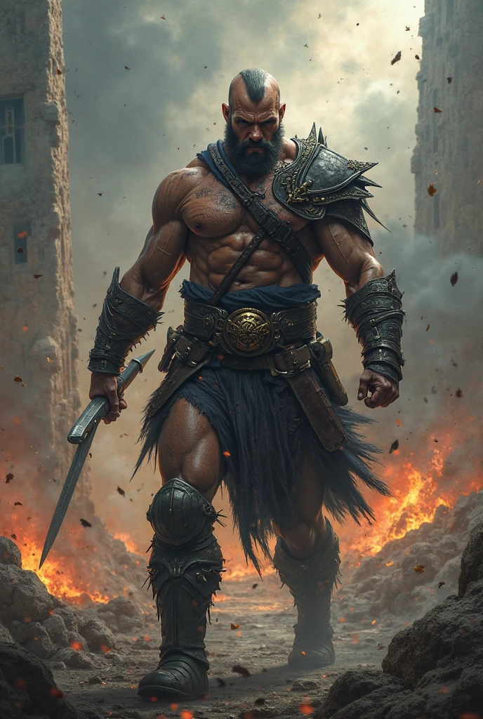 A Men with sword in angry mood walking in street wih fires ang holding men head
