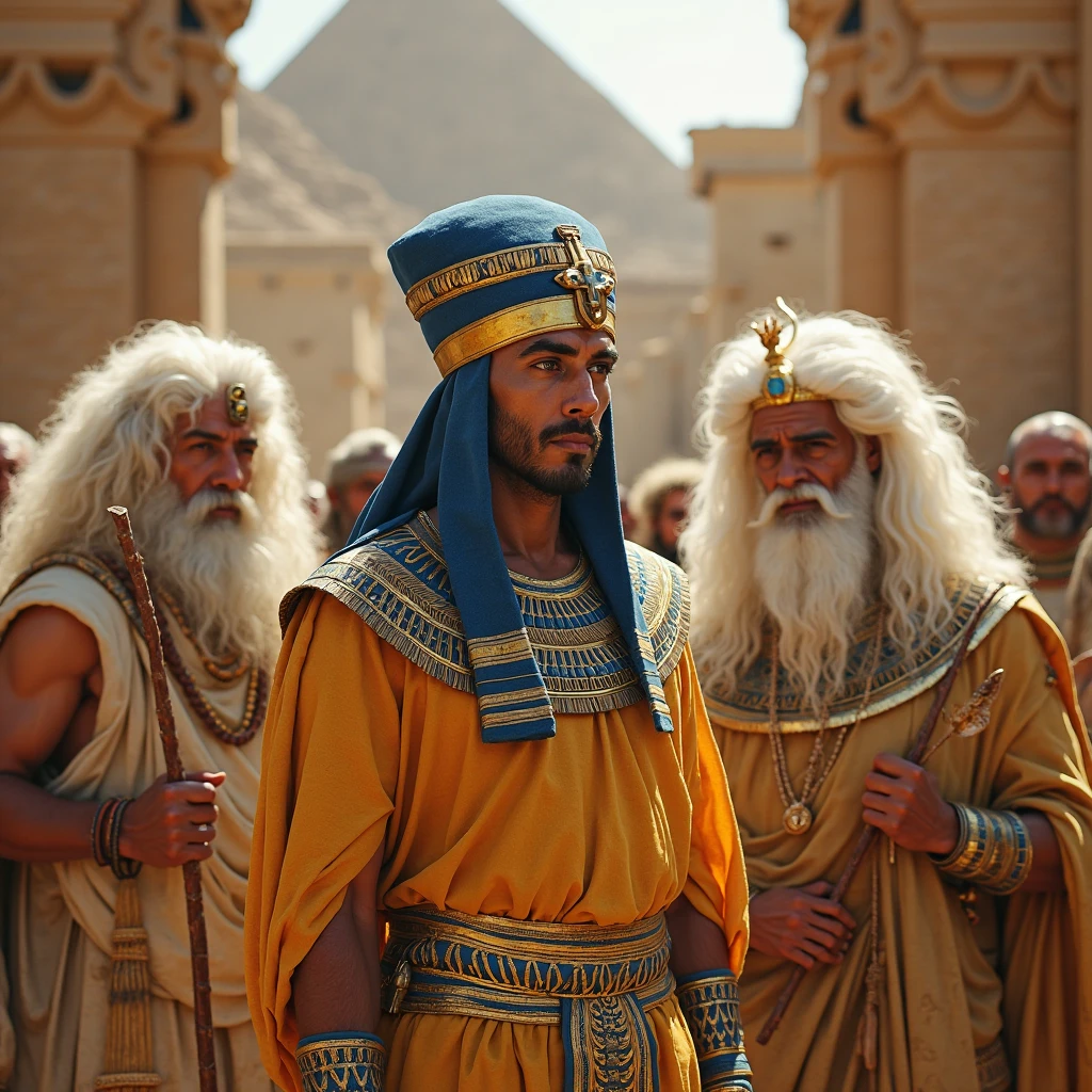 oil painting, Egyptian pharaoh in the foreground and Egyptian priest in the background, dressed in a dark robe, which covers his head, with a serious expression on his face.
