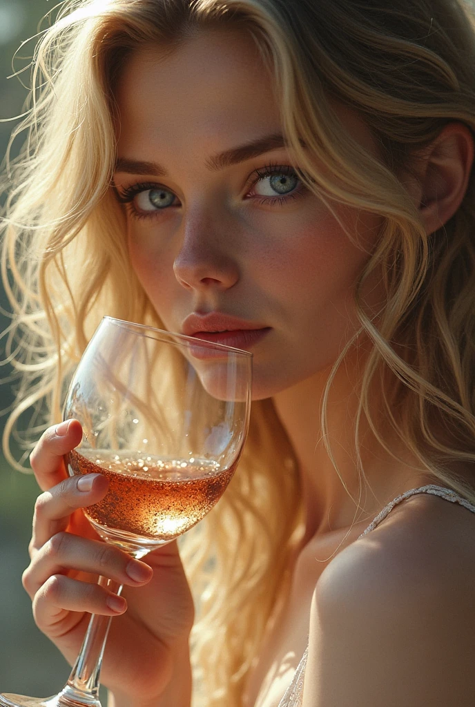 The image is a close-up shot of Olivia sitting at a sleek and modern bar, holding a glass of aged whiskey with a slight smile on his lips.,The White Lotus,Olivia, a character from “The White Lotus,”is 20 years old. She has a cool way, composite exterior, marked by its style, casual and elegant beach fashion, minimalist accessories that reflect its rich origins. She has a slender build, with large, perfect breasts and a look that often oscillates between disinterest and keen observation., embodying a certain nonchalance and sophistication beyond his years. , 