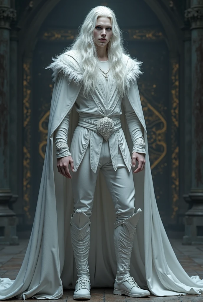 Insanely detailed photograph of a gorgeous vampire alien man, Renaissance, long white hair, intricate white eyes, fantastical, ethereal, hyperdetailed, 32k resolution, dynamic lighting, covered navel, hyper detailed, intricately detailed, trending on Artstation, white luxury suit, volumetric lighting, BalenciagaStyle