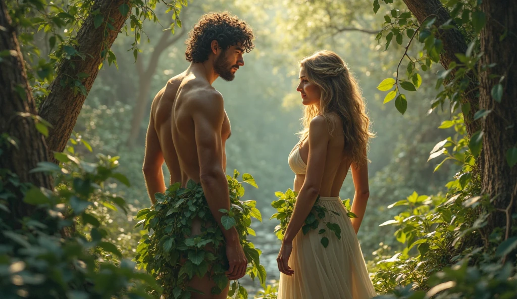 Artistic representation of Adam and Eve, Holding hands and without clothes, Against the backdrop of the Garden of Eden, both with happy expressions.