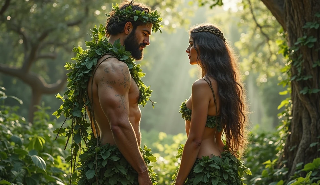 a nymph with tanned skin, green eyes and curly brown hair naked with a lush body next to her is a muscular and handsome man with dark blue eyes and jet black hair who is also naked, getting married in a wedding ceremony
