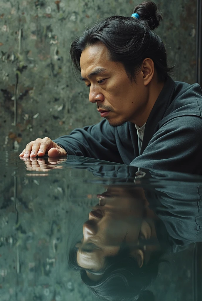 A Japanese man with a slightly close-up look on his face, with the light removed from his eyes, is depicted sinking to the bottom of deep water. The background is dark and black.、Eyes open, expression of despair
